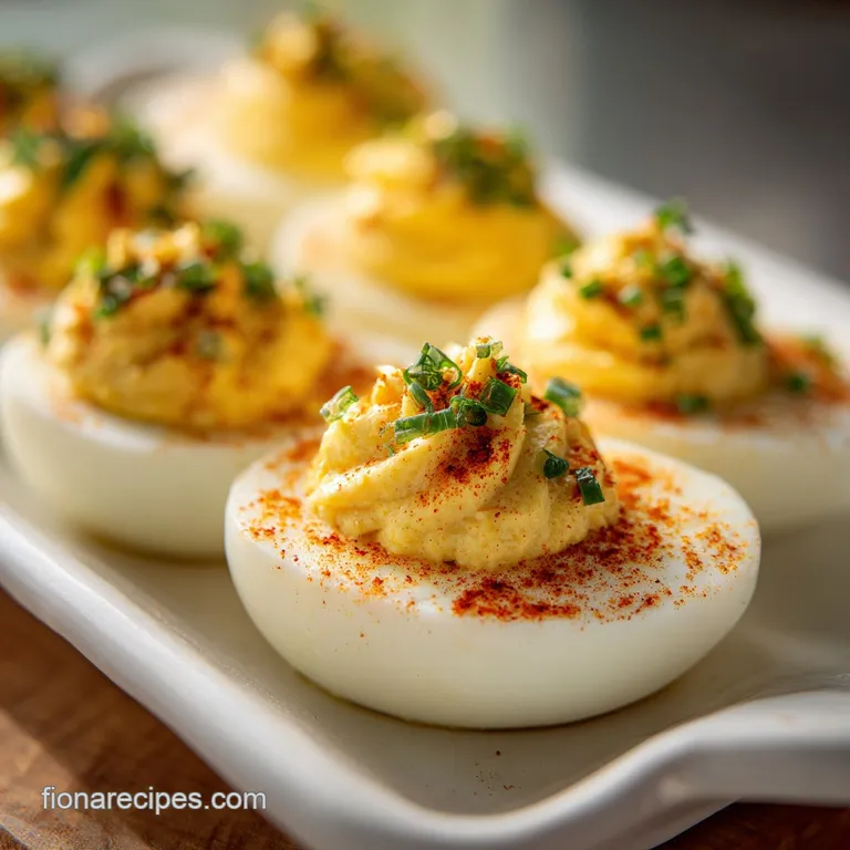 Three deviled egg halves arranged on a white plate, sprinkled with herbs. Paprika dusting adds a warm, spicy visual note.