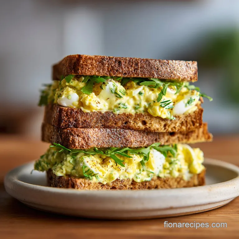 Creamy egg salad sandwich halves arranged on a plate, garnished with paprika and fresh chives, ready to eat.