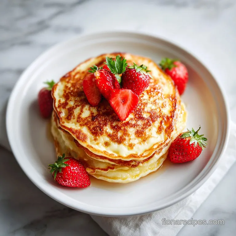Delicate cottage cheese pancakes plated with fresh berries, a dollop of cream, and a dusting of sugar, elegant and bright.