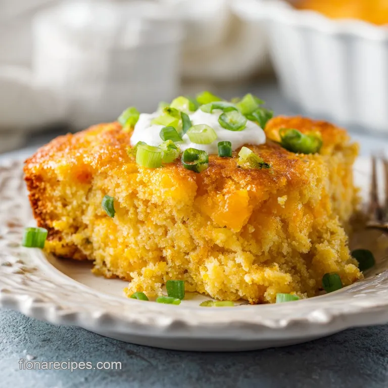 A generous slice of golden cornbread casserole with savory beef and melted cheese on a rustic plate.