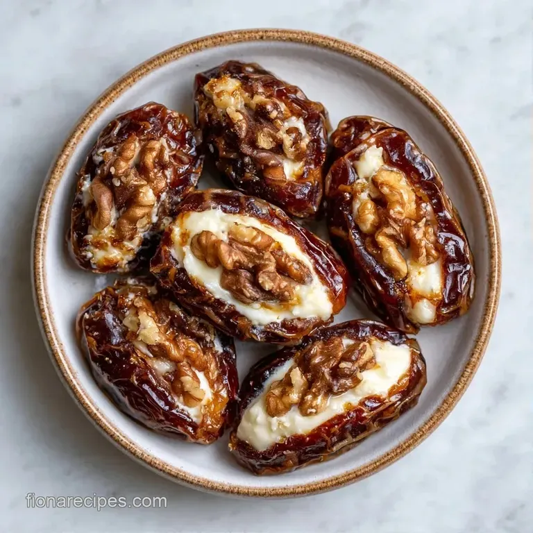 Glossy brown dates filled with white cream, arranged on a white marble platter with sprigs of fresh mint leaves.