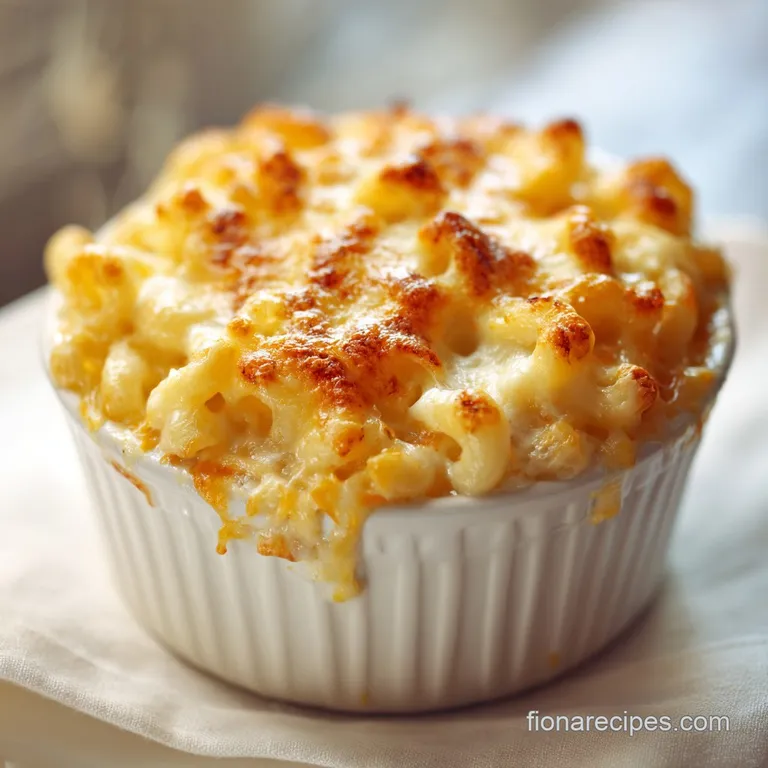 Creamy mac and cheese served in a white bowl, topped with browned breadcrumbs and fresh parsley.