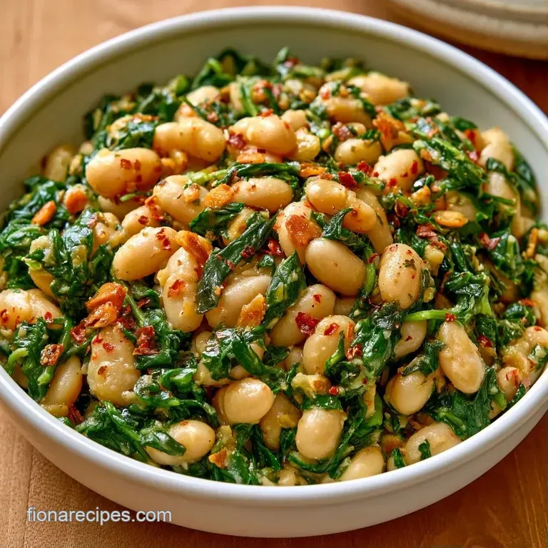 Velvety white bean stew with vibrant greens in a shallow bowl, topped with a drizzle of gold oil and red chili flakes.
