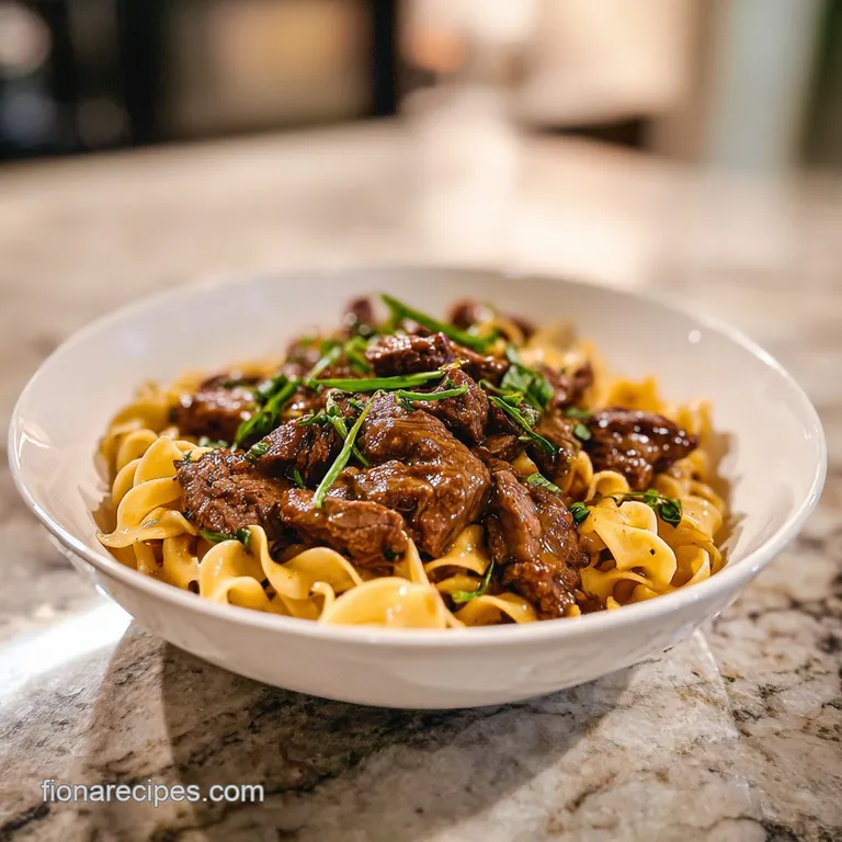 Elegant plate of stroganoff featuring tender beef and creamy sauce, sprinkled with fresh herbs, hinting at a comforting fl...