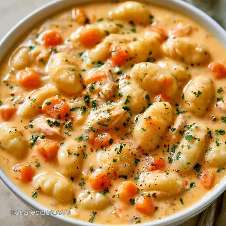 A deep white bowl of velvet-smooth soup with golden chicken and soft dumplings, topped with a pinch of fresh parsley.