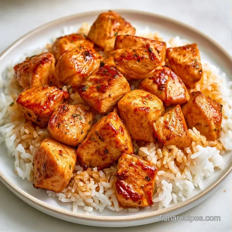 A white ceramic bowl filled with tender chicken and rice, topped with a sprig of fresh parsley and cracked black pepper.