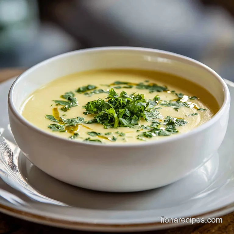 Elegant bowl of potato soup garnished with fresh herbs, a swirl of cream, and a drizzle of olive oil. Light and inviting.