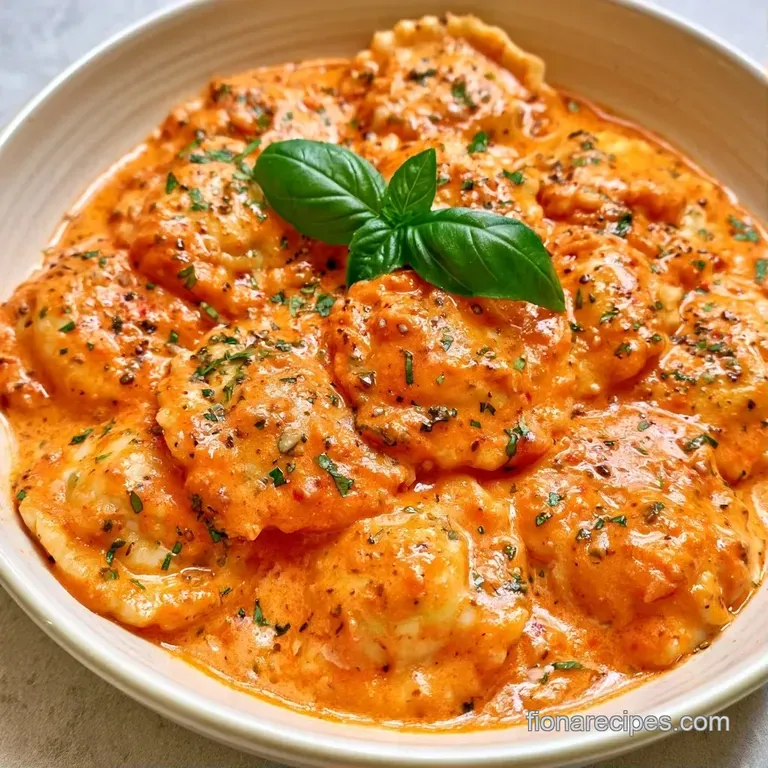 Vibrant orange sauce elegantly swirled in a white bowl, topped with fresh basil and a sprinkle of white cheese.