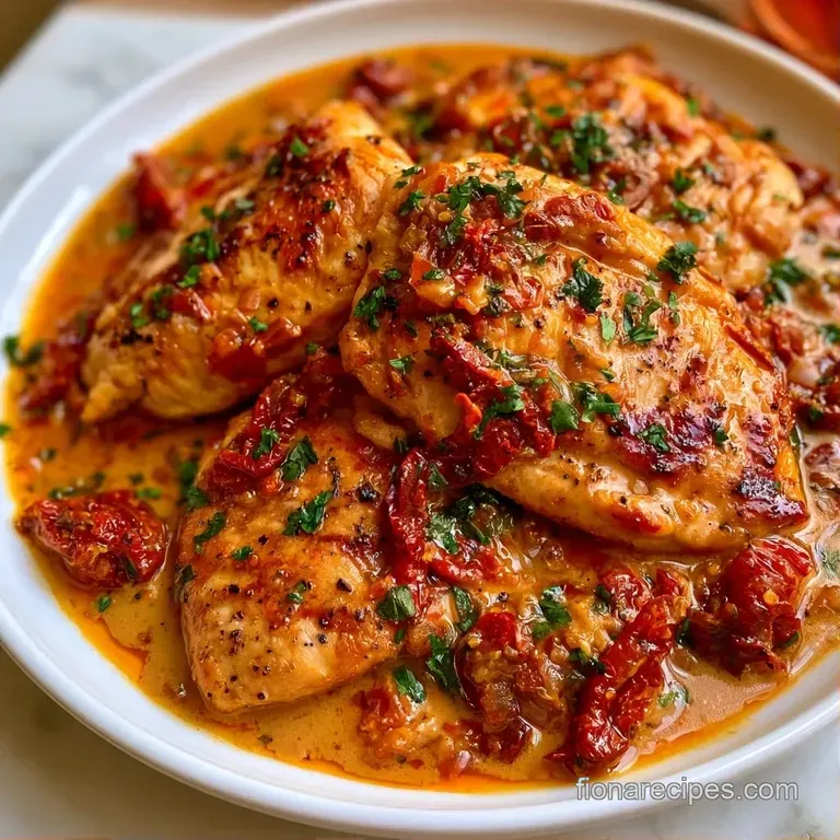 Pan-seared chicken breasts in a creamy sauce, plated with fresh parsley and served alongside fluffy white rice.