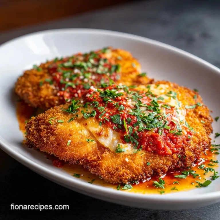 Crispy chicken parm on a white plate, glistening tomato sauce, and a sprinkle of herbs create an inviting, classic Italian...