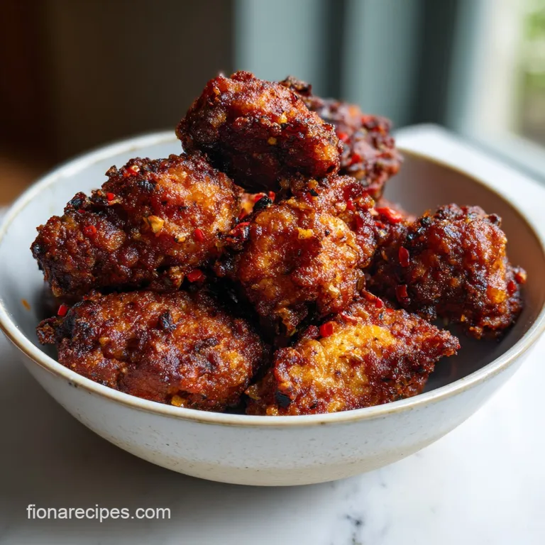 Crispy jackfruit wings piled high on a plate, drizzled with sauce and garnished with fresh herbs against a dark background.
