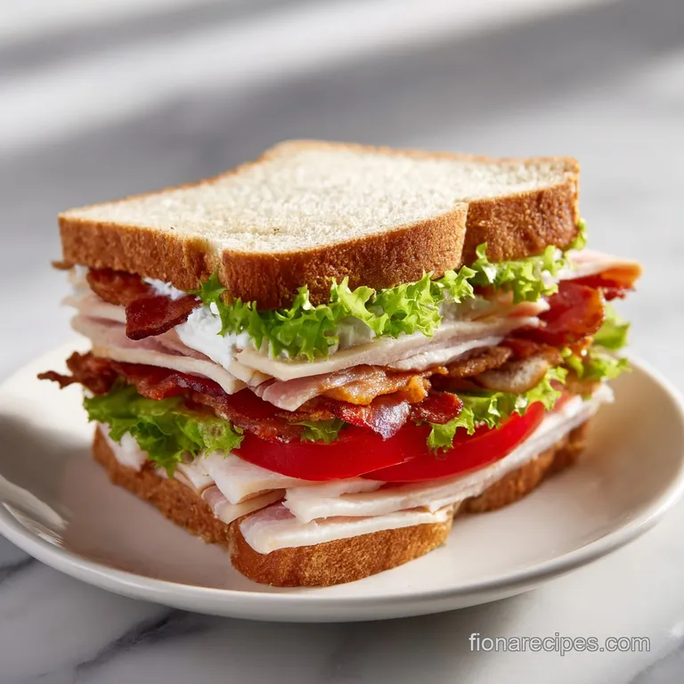 A stacked turkey club sandwich halved on a plate, with vibrant tomato slices and ruffled lettuce peeking out between sourd...