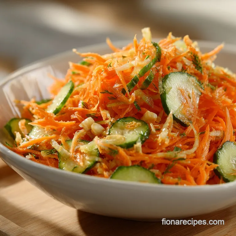 An artfully arranged salad of julienned carrots and cucumber spirals garnished with dill on a white plate.