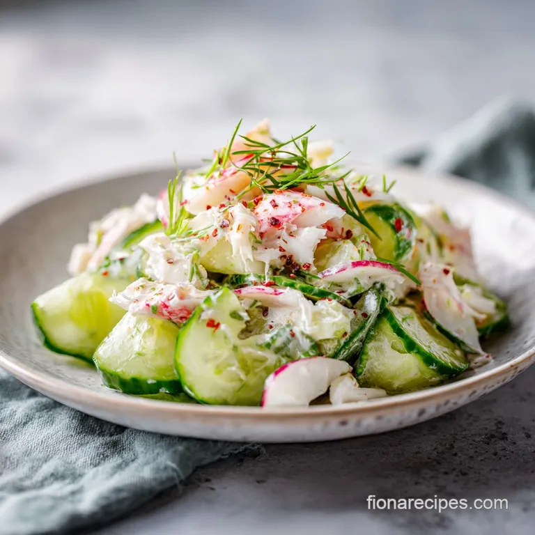 Elegant plate of cucumber crab salad, garnished with dill sprigs and a lemon wedge, showcasing its delicate and refreshing...