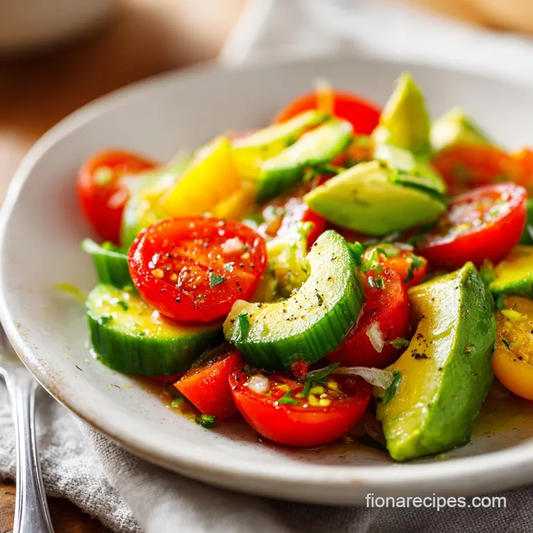 A colorful salad artfully arranged in a white bowl, showcasing diced avocado, tomato, and cucumber with a zesty shimmer.