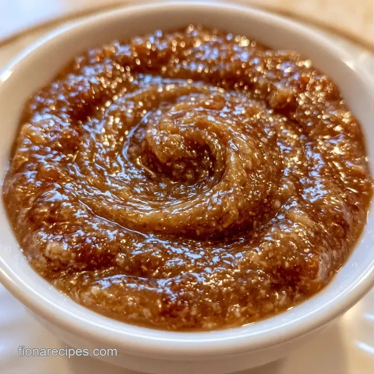Velvety brown sauce drizzled in a spiral over sliced bananas and toasted coconut flakes on a white ceramic plate.