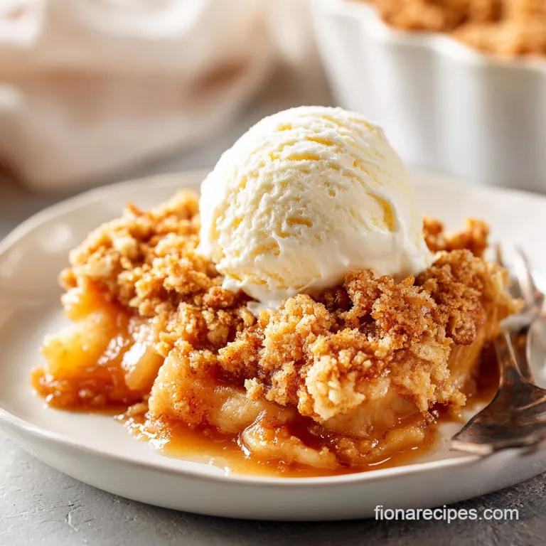 Warm apple crisp in a ramekin, a scoop of melting vanilla ice cream, and a sprig of mint for a cozy dessert.