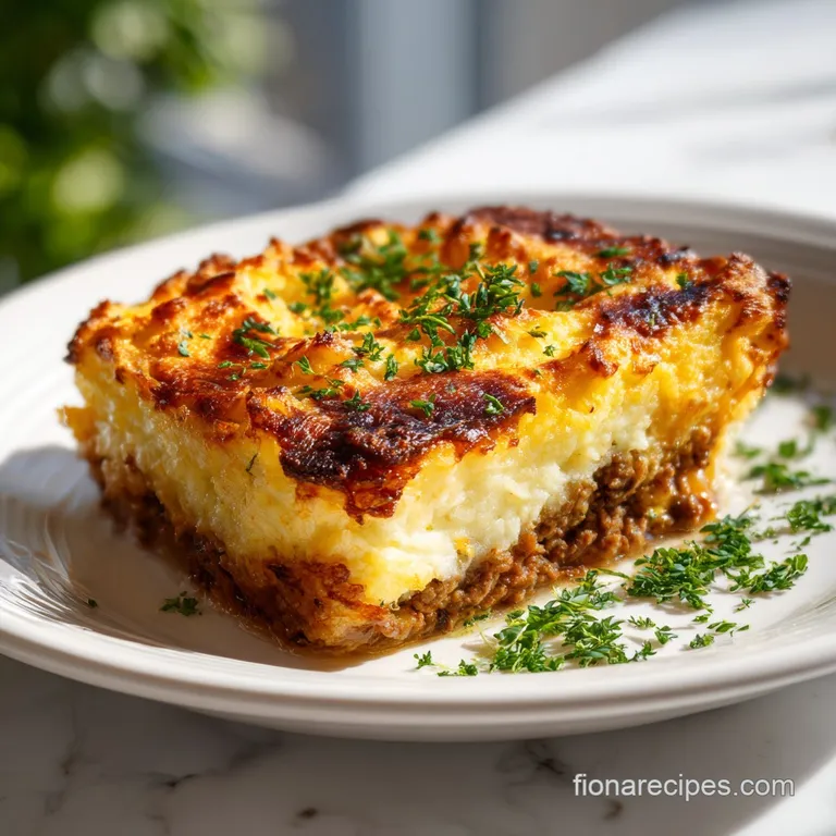 A generous serving of shepherd's pie with a perfectly browned potato crust and vibrant green peas, elegantly plated and re...