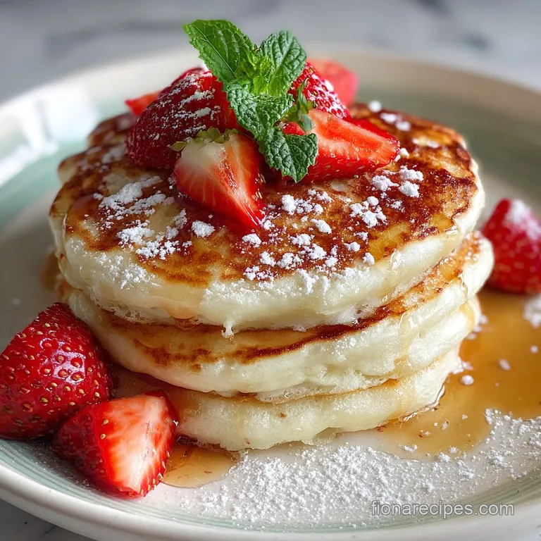 Three fluffy pancakes, drizzled with maple syrup and topped with fresh blueberries and powdered sugar on a white plate.
