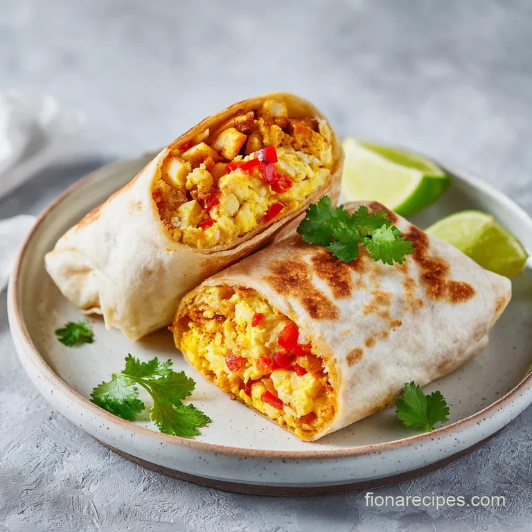 A single, warm breakfast burrito cut open to reveal a colorful, savory filling of scrambled eggs, cheese, and vegetables.