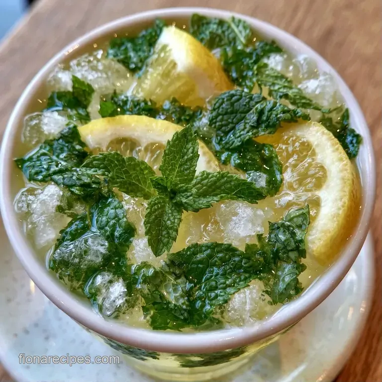 A frosted glass of pale yellow citrus drink accented with vibrant mint sprigs and a lemon wheel on the rim.