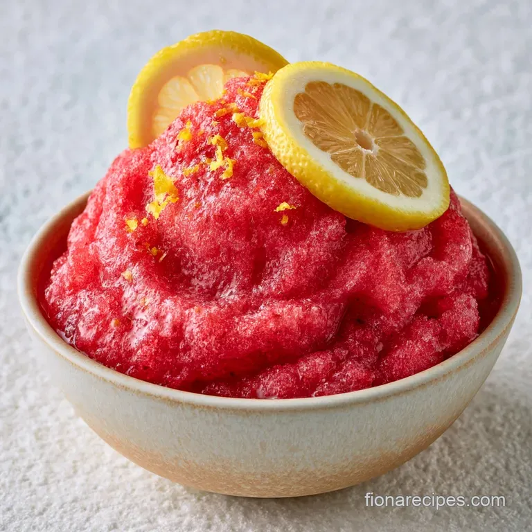 Vibrant pink slushy drink in a tall chilled glass with a fresh strawberry slice and lemon wedge on a white marble top.