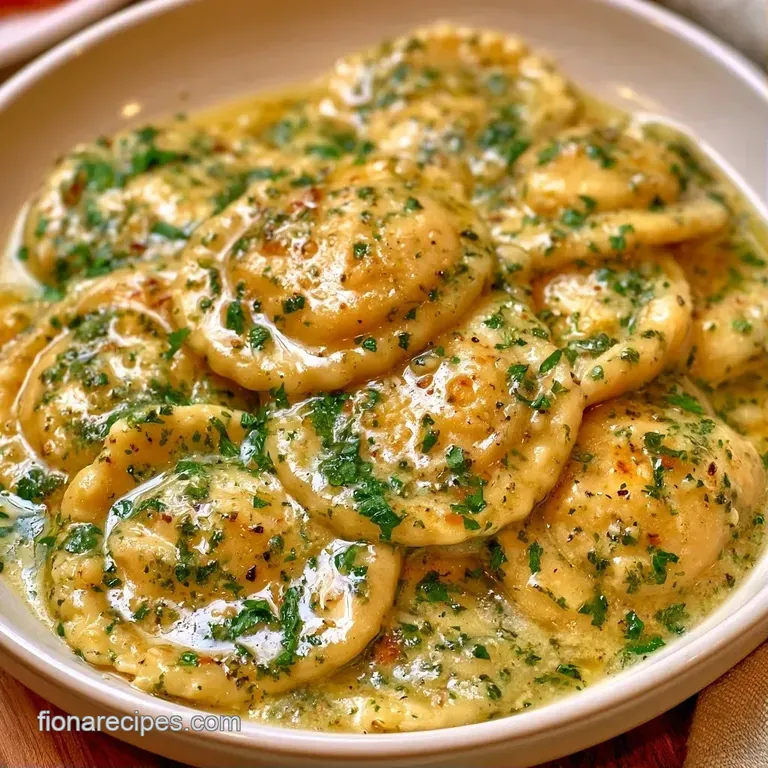 A porcelain ramekin filled with shimmering gold butter topped with finely chopped parsley and toasted garlic bits.