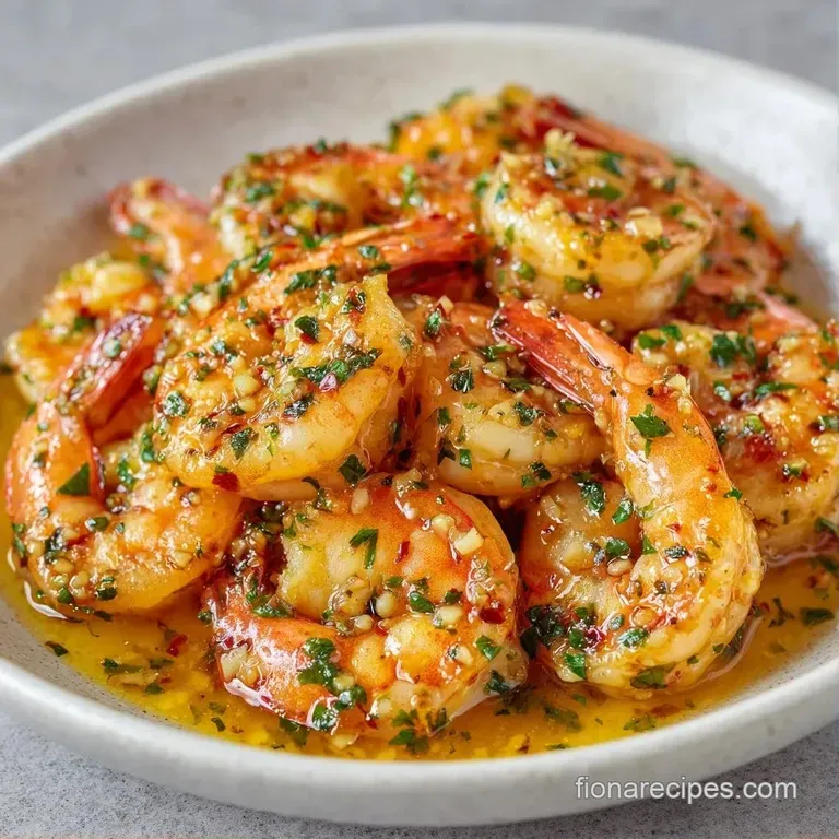 Two white plates of plump, pink shrimp drizzled with melted gold butter, served with lemon wedges and fresh herbs.