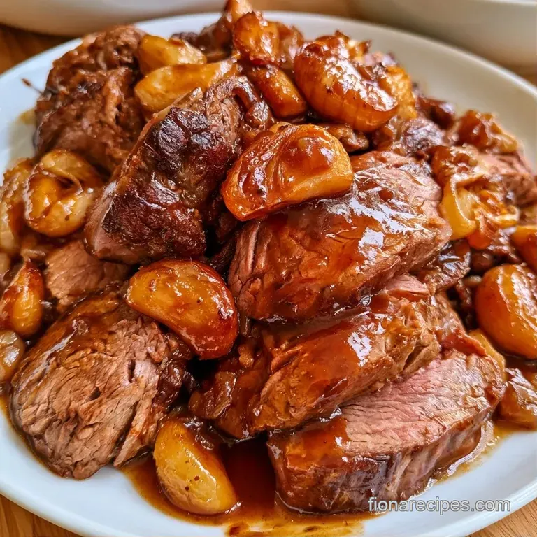 Slices of juicy roasted beef atop a bed of creamy potatoes with a drizzle of dark pan sauce and fresh thyme.