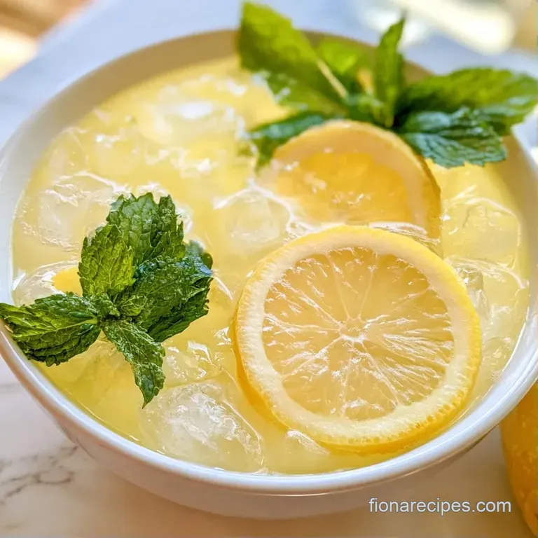 Frosted highball glass filled with a pale yellow drink, garnished with a lemon wheel and a fresh mint sprig.