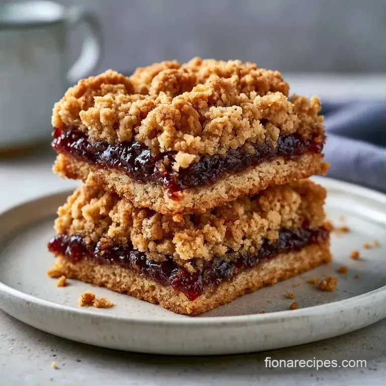 Neatly stacked squares of golden oat crumble bars atop a white ceramic plate with a dusting of cinnamon powder.