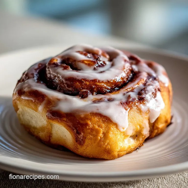 A single cinnamon roll, generously frosted, sits on a white plate, steam rising. A tempting, sweet indulgence.