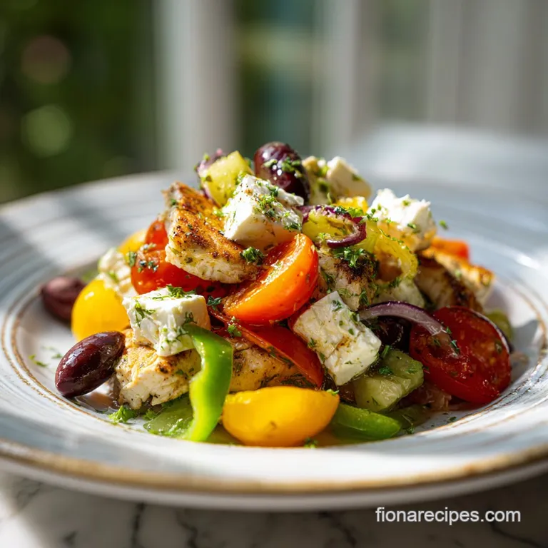 Perfectly plated Greek salad with tender chicken. Crisp lettuce, colorful vegetables, and creamy feta create a visually ap...