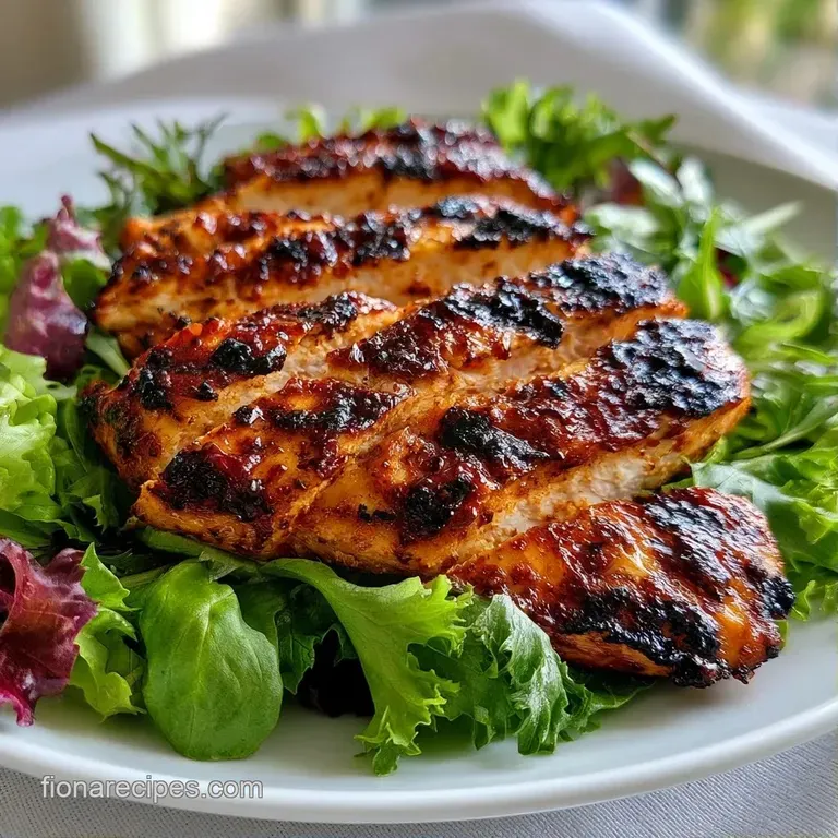 Vibrant mix of sliced charred poultry, emerald greens, and colorful roasted veg neatly arranged on a ceramic plate.