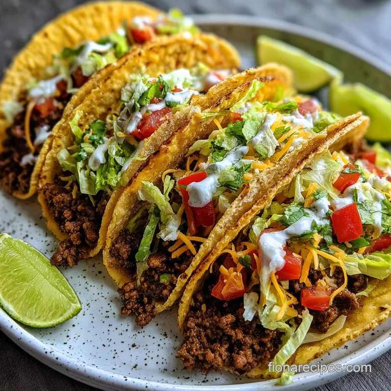 Close-up of a single taco overflowing with seasoned ground beef, crisp lettuce, juicy tomatoes, and a dollop of creamy sou...