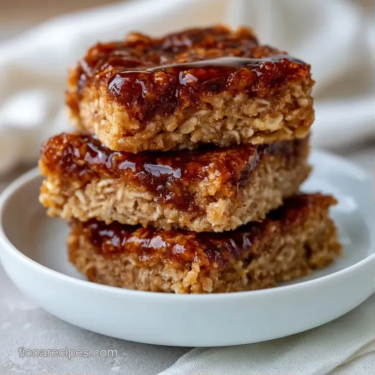 Stacked chewy oat squares on a white ceramic plate, garnished with a pinch of sea salt and a linen napkin side.