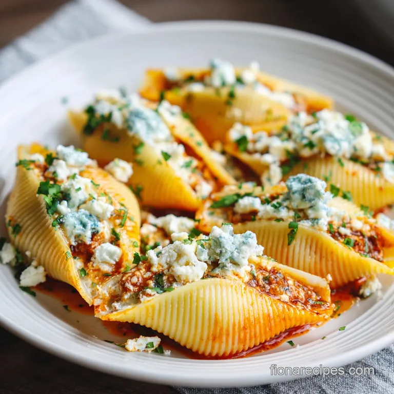 Three stuffed pasta shells nestled on a white plate, bathed in vibrant red sauce, sprinkled with fresh herbs, and grated c...