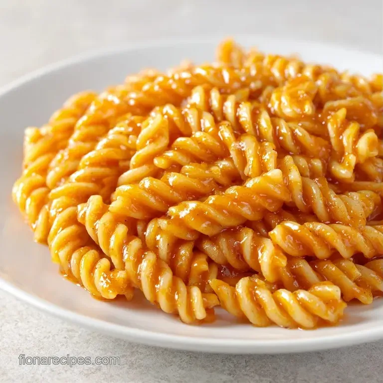 Twirled spaghetti coated in a rich, smooth red sauce, served in a white ceramic bowl with a sprig of green basil.