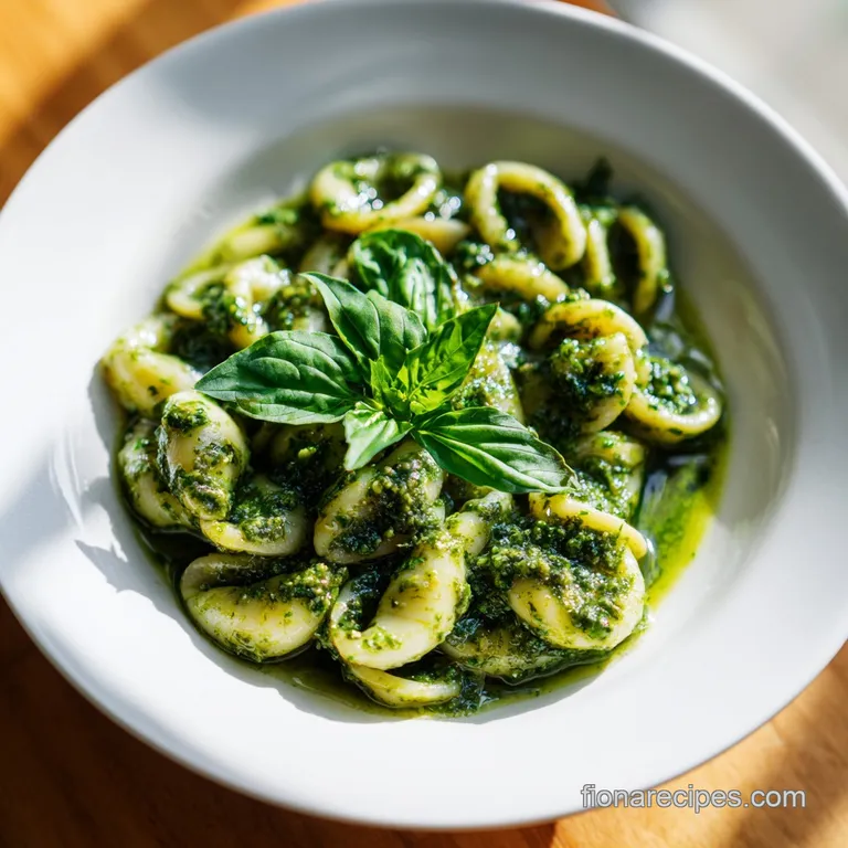 A swirl of bright green pasta crowned with toasted pine nuts and a parmesan curl.