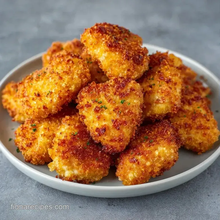 Crispy golden poultry bites artfully arranged on a white ceramic plate with a side of tangy red dipping sauce.