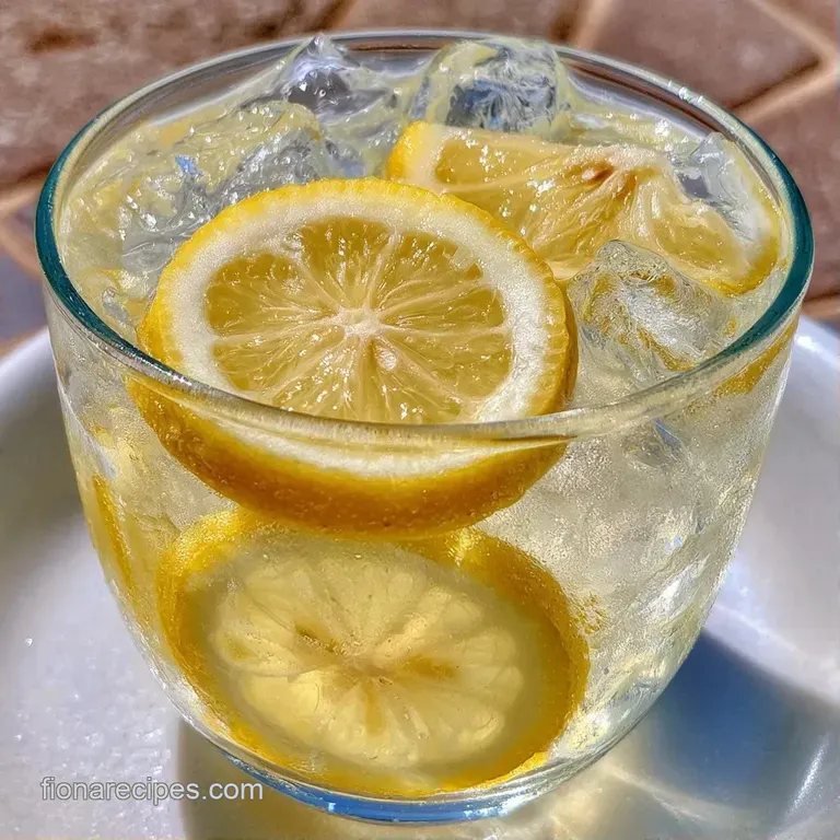A frosted glass filled with pale yellow citrus drink, garnished with mint leaves and a striped paper straw