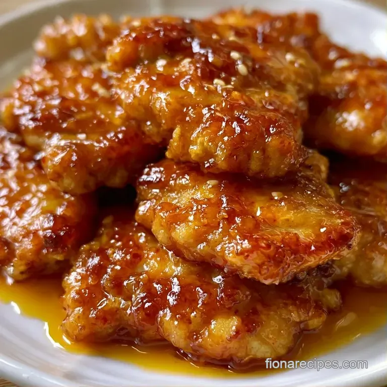 Glazed chicken pieces on a minimalist white plate, garnished with bright green scallions and toasted sesame seeds.