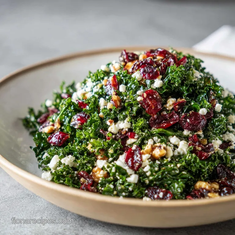 Vibrant kale salad with jewel-toned cranberries, toasted walnuts, and a light vinaigrette