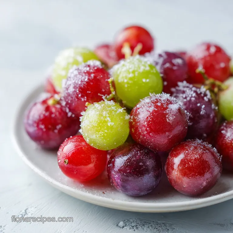Close-up of emerald green, sugar-coated grapes arranged artfully in a clear glass bowl, hinting at a sweet, icy treat.