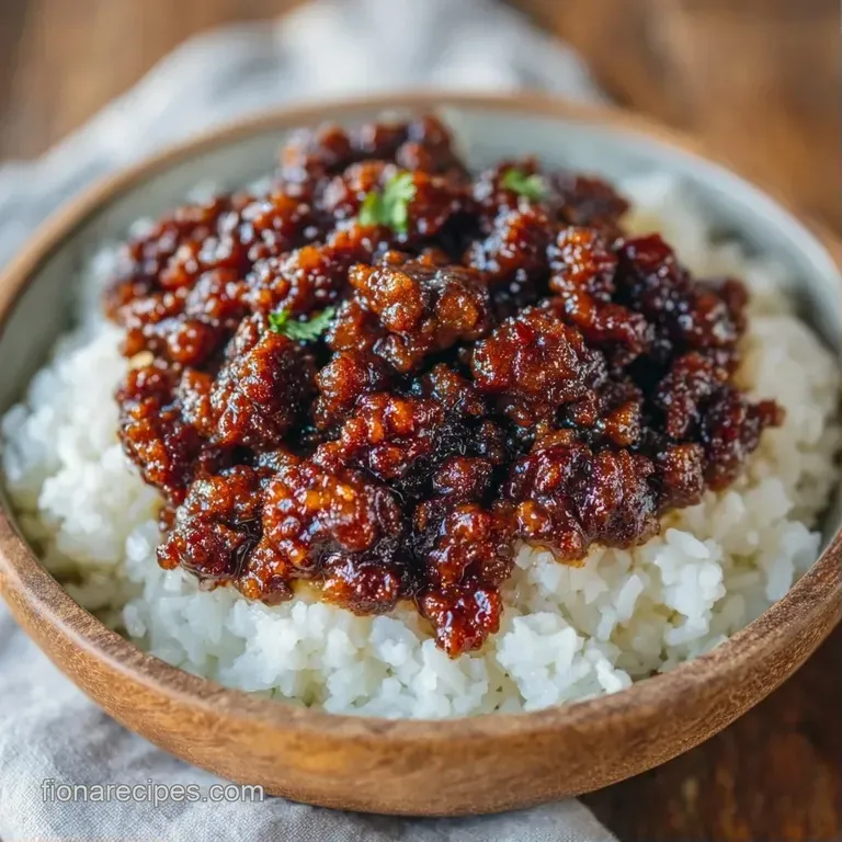 A white ceramic bowl filled with glazed beef and steamed rice, garnished with sesame seeds and fresh green scallions.
