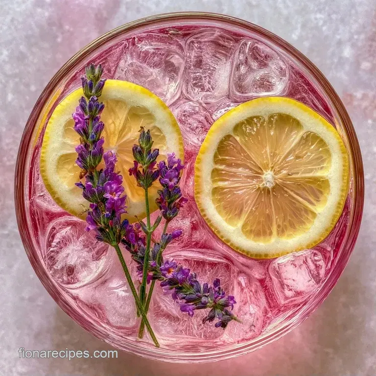 Elegant glassware filled with a light purple beverage and ice, styled with fresh lemon rounds and purple floral sprigs.