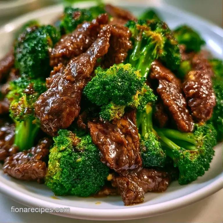 Elegant arrangement of succulent beef and crisp broccoli florets in a rich glaze on a minimalist white platter.
