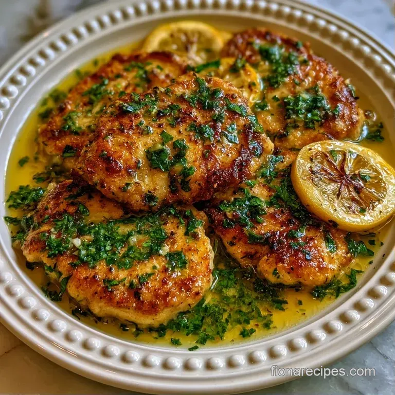 Plated golden-brown chicken breasts atop a bed of white rice, finished with a glossy sauce and bright lemon slices.