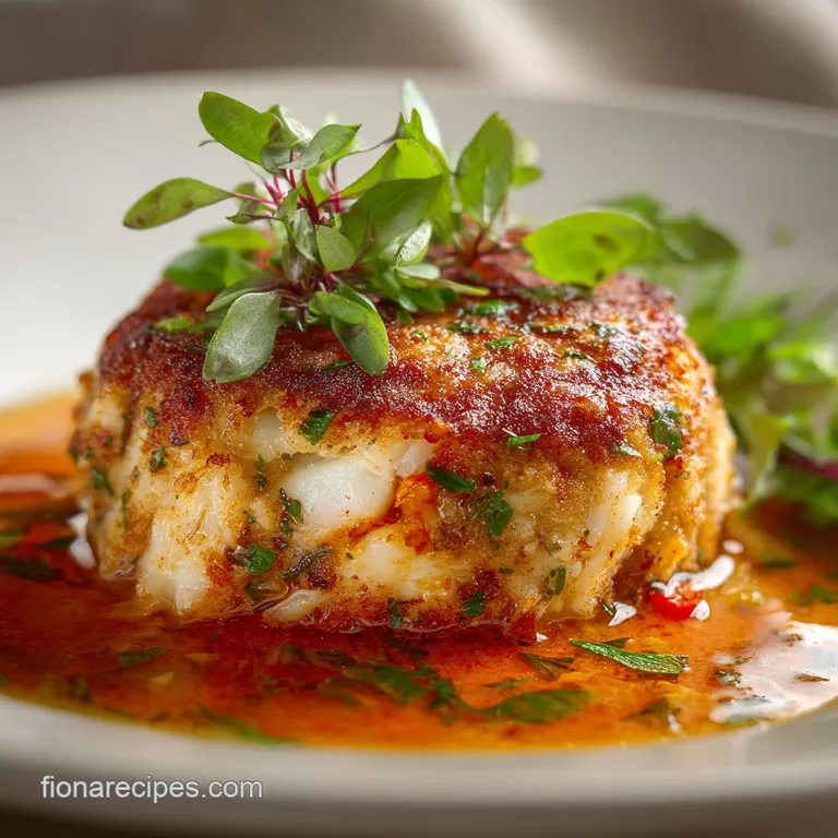Crisp crab cake atop vibrant greens, drizzled with creamy sauce. Lemon wedge adds bright contrast. An inviting plate.