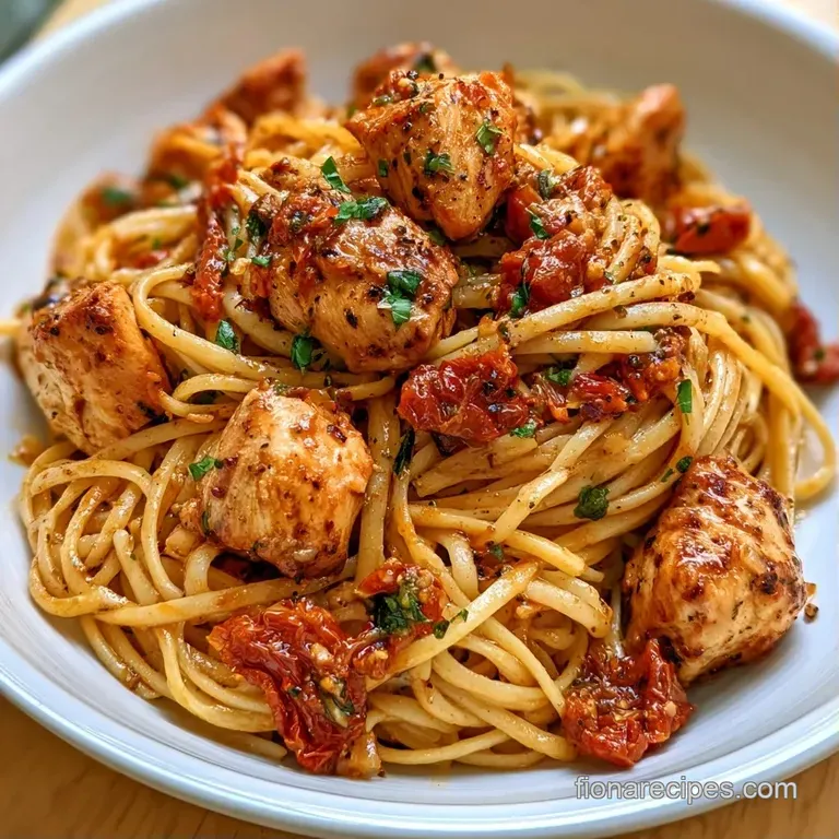 A white ceramic bowl filled with pasta in a glossy cream sauce, topped with bright red tomatoes and fresh herbs.